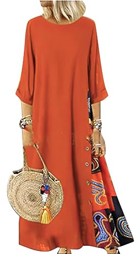 Women's Boho Floral Ethnic Print Cotton Linen Maxi Dresses 3/4 Sleeve Flowy Loose Casual Long Dress
