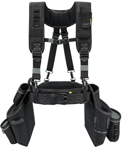 MELOTOUGH Professional Tool Belt with Suspenders Carpenter Tool Belt Combo Organizer Tools Pouch Suspenders with 32 Pockets and Loops fits 34-48Waist