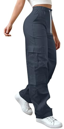 Pantaloni cargo da donna a gamba larga, pantaloni da trekking dritta e comodi pantaloni da lavoro con tasche elastiche a vita alta, impermeabili, alla moda, per il tempo libero, Blu marino, S