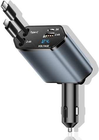 XIANGBIN 66W Retractable Car Charger 4 in 1 Car Charger Adapter with Retractable Cables and Voltage DisplayWith USB/USB-C Ports Compatible with iPhone, Android, Samsung Galaxy