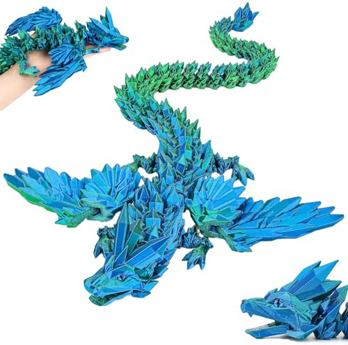 Zhaohyjianm Dragon 3D, grandes figurines de dragon, 60 cm, avec articulations mobiles et décoration en cristal, réaliste comme jouet de bureau et objet de collection (vert bleu)