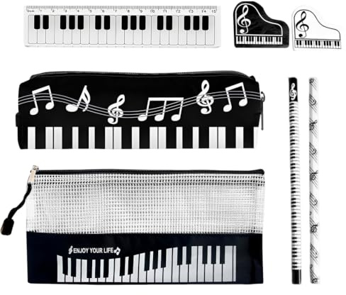 LYEGJT 6 Piezas Estuche Escolar, Multifuncional, Estuches Motivo de Piano Negro, Niño con Pequeña Carpeta, Regla y Goma de Borrar, Pencil Case para Adolescentes, Hombres y Mujeres