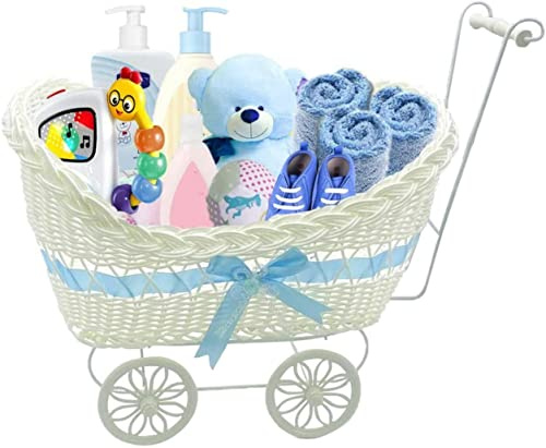 Boy Blue Gift Storage Basket Wicker Style Pram Hamper New Born Baby Shower Present Christmas Birthday Xmas Bedroom Decor