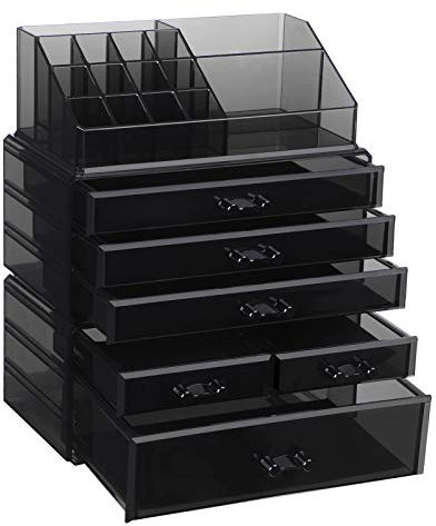 SONGMICS Make-up Organizer, Kosmetik-Organizer mit 6 Schubladen und 15 Fächern in unterschiedlichen Größen, transparentes Schwarz JKA009BK