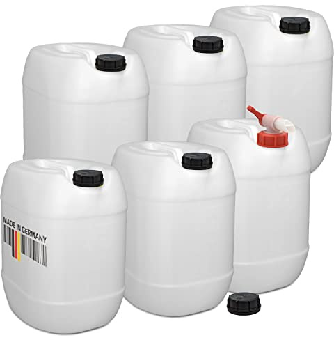 plasteo 6er Set: 30-Liter Wasserkanister, Getränkekanister Natur mit Hahn, Lebensmittelecht, Robust