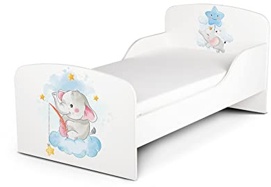 leomark Blanco Cama Infantil Completa de Madera - Baby Elephant -Colchón, Somier, Muebles para Niños, Espacio para Dormir: 140/70 cm,
