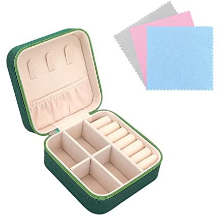 FuninCrea Jewellery Box Organiser for Women, Mini PU Leather Travel Jewelry Storage Case with 3pcs Silver Cloth for Rings Earrings Necklace, Portable Jewelry Case for Girl, Wife, Mother (dark green)