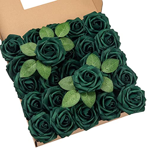 DuHouse 25 rose artificiali con steli veri fiori in schiuma per bouquet da sposa fai da te, centrotavola per feste e feste e decorazioni per la casa, colore: verde