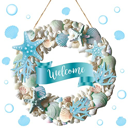Wesiti Summer Welcome Wooden Coastal Shell Wreath Beach Cabinet Decor Coastal Wreath for Front Door Starfish and Seashells for Winter Porch Outdoor
