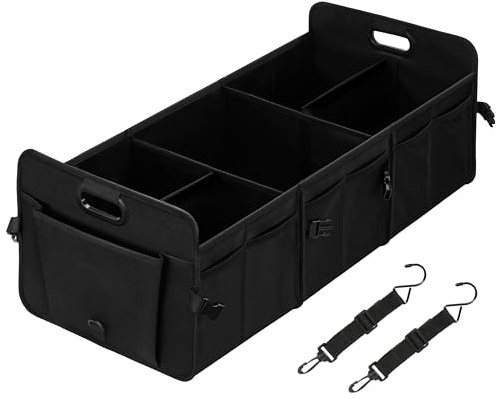 Simple Deluxe Car Trunk Organizer, Multi Compartments Collapsible Trunk Storage, Anti-slip, Waterproof 600D Oxford Polyester, with Adjustable Straps for SUV, Minivan, Truck, Large Size, Black