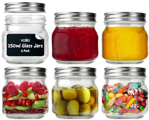 volila Mason Jars with Lids - 6 Pack 250ml Leakproof Glass Jars with Lids for Airtight Seal - Round Mason Jar with Silver Regular Lid, Black Labels and Pen