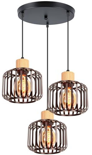 iDEGU 3 Luces Lámpara Colgante Vintage Lámpara de Techo en Madera y Metal Industrial Araña Colgante Diseño Jaula E27 Iluminación de Techo para Salón Dormitorio Cocina Comedor Cafetería (Redonda,Negro)