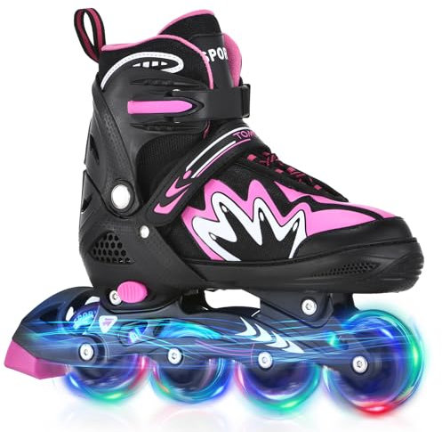 TOMSHOO Rollschuhe, Inliner Roller Skates mit 4 Größen Verstellbar, LED Rädern, Mehrere Größenoptionen, Inlineskates für Kinder Erwachsene Jungen Mädchen, Schwarz & Rosa, S