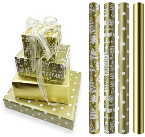 4 rollos de papel de regalo dorado, 43 cm x 3 metros, rollo de papel de regalo navideño, adecuado para Navidad, cumpleaños, fiestas, bodas, baby shower, decoraciones de regalos de festivales