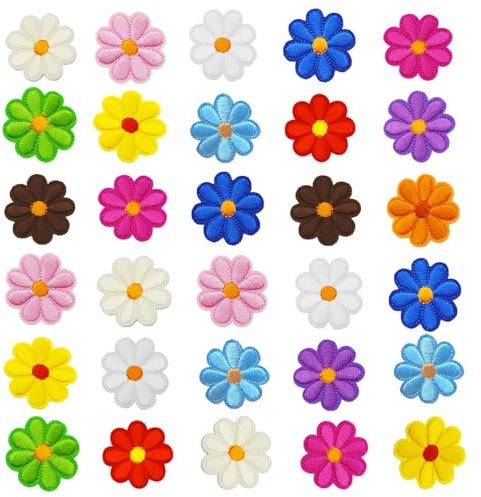 PXBSNB 30 Stück Patches zum Aufbügeln Blumen, Stickerei Flicken zum Aufbügeln Kinder, Gänseblümchen Aufnäher zum Aufbügeln, Klein Bügelbild Erwachsene für Jeans Jacke Hut DIY Dekorative(Bunt)