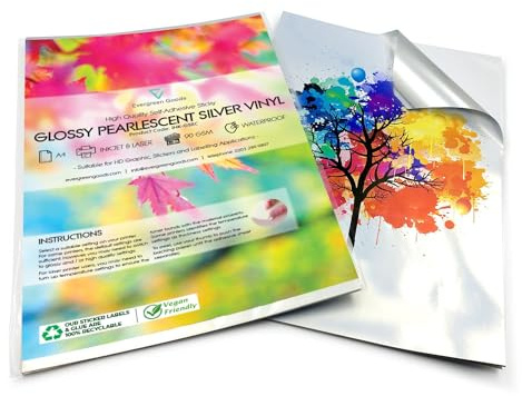 Evergreen Goods A4 Silver Glossy Self-Adhesive Vinyl Sticker | 100 Sheets | Waterproof & Printable | Compatible with Cutting Machines | Self-Adhesive, Compatible Vinyl Label | Sticky Back