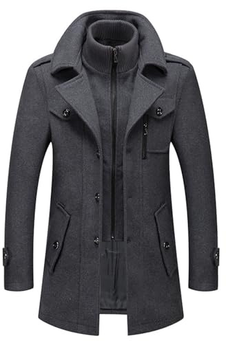 pdodo Abrigo para hombre, abrigo corto de lana, invierno, corte regular, abrigo de negocios, ocio, abrigo de invierno, abrigo largo, chaqueta cálida con solapas, abrigo informal, monocolor, gris, L