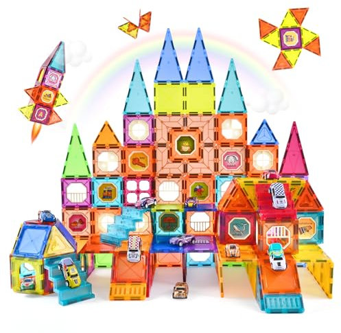 CUIOLTOY Costruzioni Magnetici 120 Pezzi, Tessere Magnetiche Bambini con 20 Macchinine a Frizione 3D Educativo Blocchi Magnetici per Bambini Natale Compleanno Regalo BambinI 3 4 5 6 7 Anni