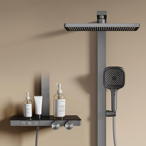 EMKE Duschsystem mit Thermostat, Anthrazit Matt, Einstellbarer Durchfluss Duschsystem Regendusche, 36x24 cm Regendusche, 4-Strahl Handbrause, inkl. Brausestange und Schlauch