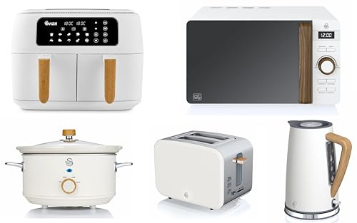 Swan Nordic White Kettle, 2 Slice Toaster, 8L Dual Basket Air Fryer, 800W 20L Microwave & 3.5L Slow Cooker Matching Set. Scandinavian Minimalist Kitchen Design Set in White with Wood Effect Accents