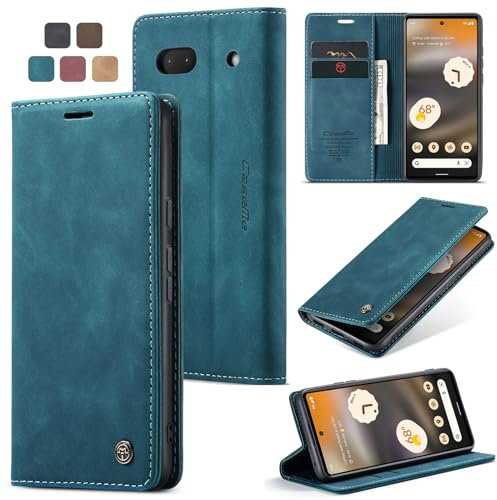 owlhold Handyhülle für Google Pixel 6A klapphülle Premium Lederhülle Weiches Vintage-Nubukleder Faltbare Handytasche Ständer Schutzhülle Kartenfach Standfunktion hülle Google Pixel 6A - Blaugrün