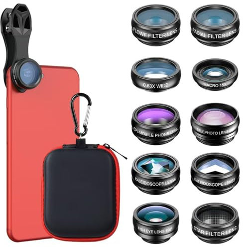 Auricase 10 en 1 Mobile Phone Camera Lenses, Objetivo movil, Lente Gran Angular 0,63x, Macro Lens 15x, teleobjetivo 2X, Ojo de pez 198°, Phone Camera Lens, para Todos los Smartphones