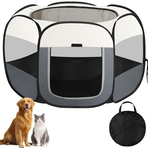 Parc pour Chien, Parc Chiot Pliable Portable, Enclos pour Chat Chien Chiot Petits Animaux Interieur Exterieur, Cage Chaton Tissu Oxford avec Sac Rangement (Beige White, L（110*110*60cm, 8-15kg pet）, 6)