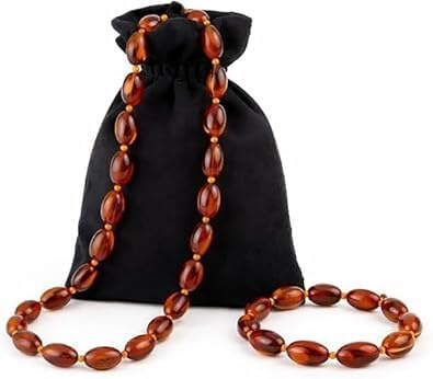 Amberstone Baltic Amber Necklace Bracelet Set 12.5/5.5 - Certified Authentic Raw Amber - Handcrafted Unisex - Made in Lithuania (Cognac)