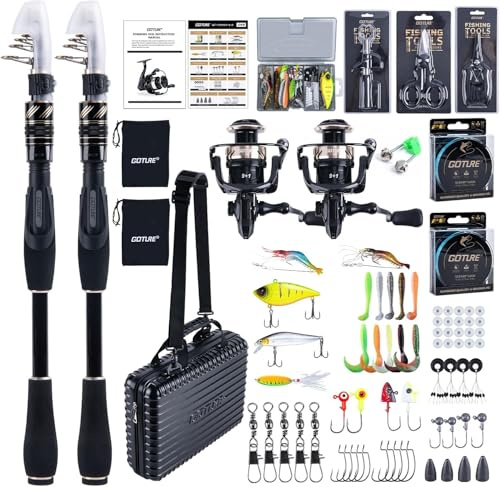 Goture Angelset mit 2 Teleskop-Angelruten (24T), Teleskopangel/Angelrute Set Komplett 2 5.2:1 Spinnrolle (9+1 Bearing), Schnur, Köderbox & Tragetasche – für Salz-/Süßwasser, Reisen–Angelgeschenk