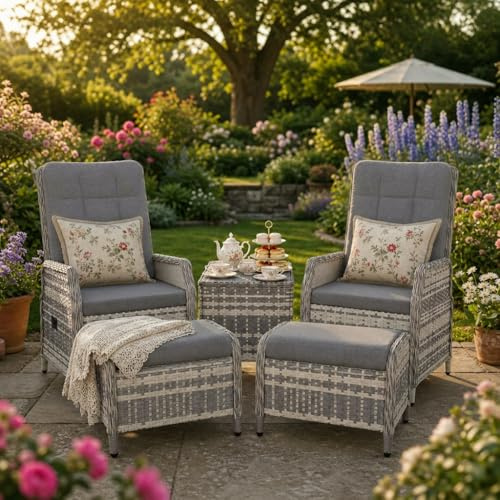Gotland Ensemble de meubles de jardin en rotin - 2 places réglables - Avec dossier et repose-pieds à 118° - Coussins de qualité supérieure et table en verre - Résistant aux intempéries - Gris