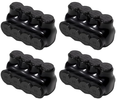 AIRTAK 4Pcs Insulated Wire Connectors Black Splice Connector 4 Port Multi Cable Soldering Lugs Single Side Entry Cable Splicers with Oxide Inhibitor (3/0-6 Wire Range)