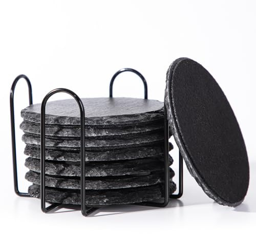 Schiefer Untersetzer für Gläser 8er Set mit Halter - 10 cm Runde Filz-Untersetzer in Schwarz - Glasuntersetzer, Tischuntersetzer & Getränkeuntersetzer für Bar, Tassen