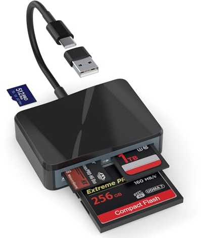 SD Card Reader, 4 in 1 USB C to SD/TF/CF/MS Card Reader with USB to USB C Adapter Memroy Card Reader for iPhone 17/16/15 Pro Max iPad Pro MacBook Pro/Air iMac M4/M3/M2 Android Phone/Tablet PC (Black)