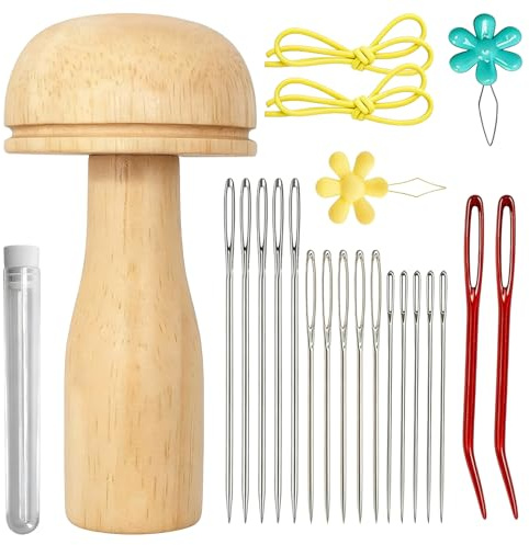 Stopfpilz Set aus Holz Stopfei Webernadel mit Kugelspitze Set mit 17 NäHnadeln und 2 Nadeleinfädler Pilzform Holzwerkzeug Stopfpilz mit Spannring für DIY HandnäHen, Socken, HüTe, Kleidung,Schals
