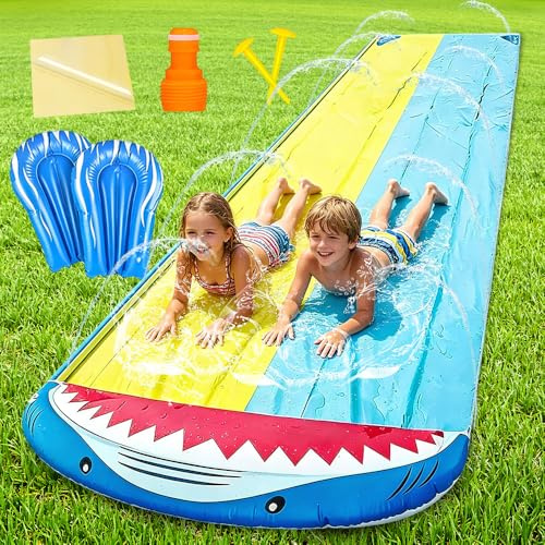 HIULLEN Tobogán de Agua, 480 x 140 cm Deslizador de Agua con Aceleración Extra, Tobogán de Césped de Verano con Rociador Incorporado, Juguete Acuático para Niños al Aire Libre para Jardines y Césped