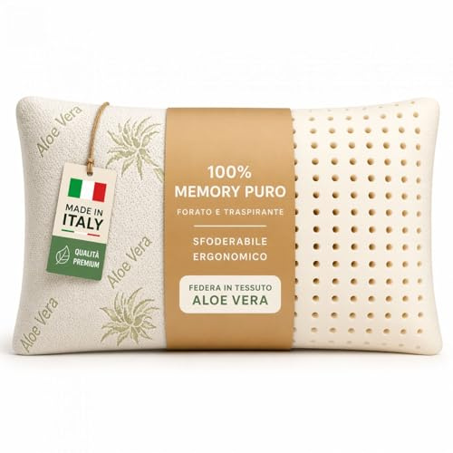 Cuscino Memory Foam Forato Made in Italy con Federa Aloe Vera Sfoderabile – Traspirante, Ergonomico Anticervicale – Disponibile H13, H15 e H18 cm