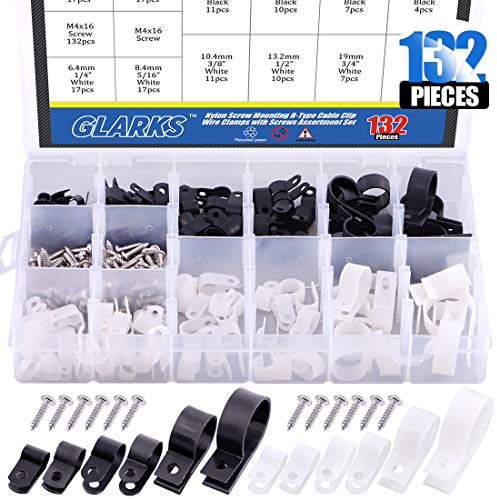 Glarks Lot de 132 serre-câbles de 6 tailles 6,35 mm à 2,5 cm en nylon noir et blanc avec 132 vis pour câble, conduit et kit de conduits de câbles