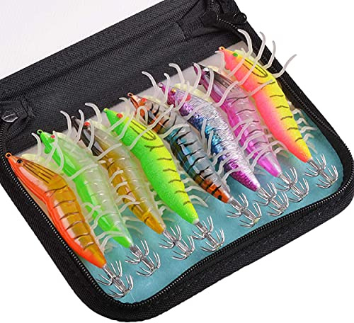 Luminous Squid Jig Saltwater Squid Lures, 8pcs Artificial Fishing Lure Baits with Luminous Legs, Glow Shrimp Prawn Lures Cuttlefish Sleeve Octopus Jigs Kit with Storage Bag