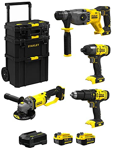 STANLEY FatMax Kit SVK401 (Kombihammer SFMCH900 + Mini-Schleifer SFMCG400 + Schlagbohrschrauber SFMCD711 + Schlagschrauber SFMCF800 + 2 Batterien 4,0 Ah + Ladegerät + Caddy 3in1)