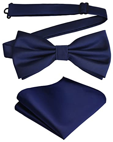 Branduce Mens Navy Blue Bow Tie and Pocket Square Set for Wedding Silk Pre-tied Adjustable Solid Bowtie Handkerchief (BB01-06)