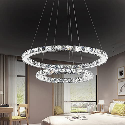 LZQ Lampadario in cristallo moderno a LED, dimmerabile, lampada a sospensione creativa, 3 anelli, lampada da soffitto regolabile, per soggiorno, sala da pranzo (bianco freddo senza telecomando, 48 W)