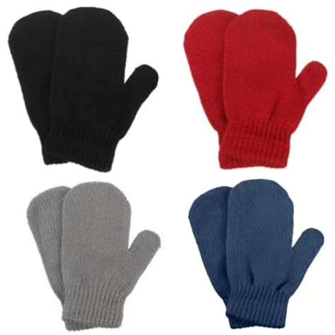 ENLAYER 4 Pairs Toddler Knitted Mittens Magic Stretch Gloves Winter Warm Kids Knit Gloves for Little Girls Boys