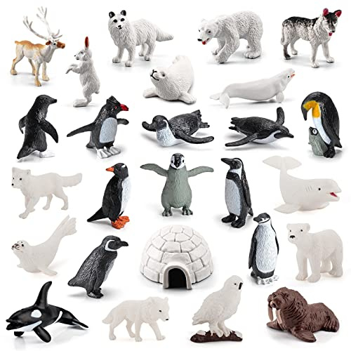 SCAHOW 26Pcs Arctic Animal Figures - Polar Animal Toys Figurines with Penguins Arctic Fox Wolf Polar Bear Reindeer - Miniature Toys Cake Topper Christmas Birthday Gift for Kids & Toddlers