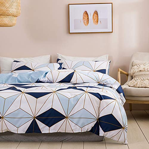 WUMIUER Geometrische Bettwäsche 155x220 Set 2 Teilig - Weiß Blau Dreieck Muster Wendebettwäsche, 1 Bettbezug 155x220cm und 1 Kissenbezug 80x80cm mit Reißverschluss aus Leicht Weich Mikrofaser