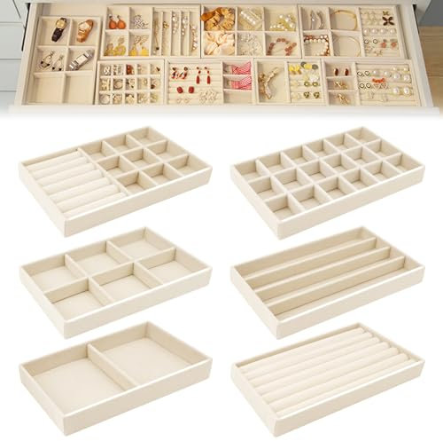 6 Organizzatore Gioielli Beige Vassoio Porta Gioielli, Vassoi per Gioielli Organizer Velluto, Espositore Anelli Organizer Gioielli da Cassetto per Orecchini Anelli Collane Bracciali(21*12.5 *2.5 CM)