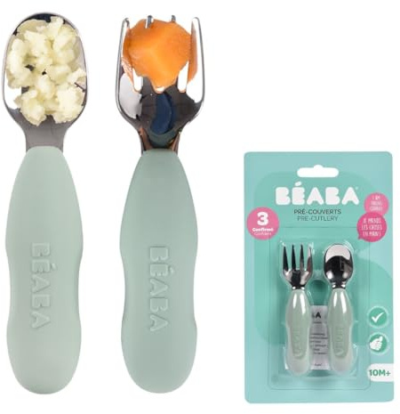 BEABA, Set di 2 posate in acciaio inox e silicone, Posate per bambini, Posate per bambini, A partire da 10 mesi, Forma ergonomica, Impugnatura ergonomica, Posate per l'apprendimento, Verde salvia