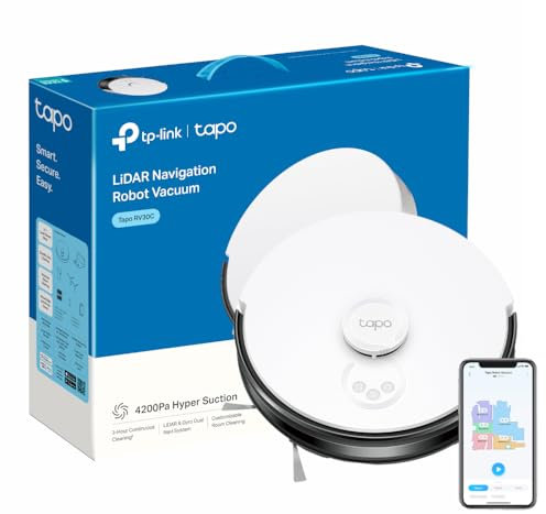 Tapo Robot Vacuum, Ultra Strong 4200Pa Suction Robot Vacuum Cleaner, Quiet, 3-Hour Continuous Cleaning, Self-Charging Robotic Vacuums, Cleans Hard Floors to Carpets,Works with Alexa&Google RV30C