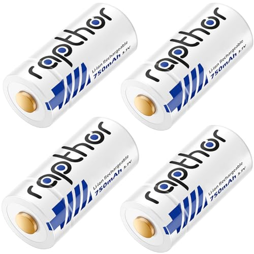 rapthor Lot de 4 Batteries au Lithium Rechargeables 750mAh 123A/123 compatibles avec Arlo Camera VMC3030 VMK3200 VMS3130 3230C Lampes de Poche Système d'alarme Détecteur de fumée