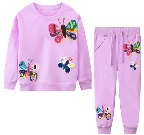 FILOWA Tuta Completini Ragazza Bambina Sportivi Tute da Ginnastica Cotone Tracksuit Felpe Pantaloni Farfalla Ricamo Jogging Set Manica Lunga Autunno Inverno Abbigliamento Ragazze 5-6 Anni, Viola