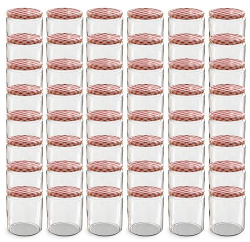 Oputec Lot de 48 bocaux de 405 ml avec couvercle à visser TO 82 rouge à carreaux – Parfait pour les confitures, les confitures et plus encore, grands bocaux avec couvercle, idéal comme pots à